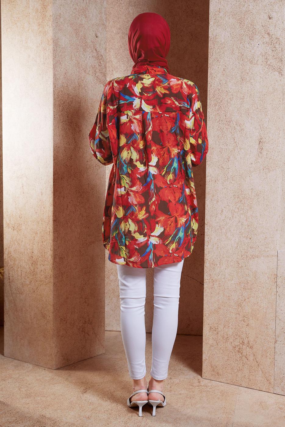 Tesettür giyim KIRMIZI DESENLİ PAMUKLU TESETTÜR TUNİK T 5362