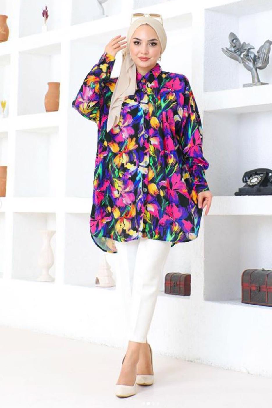 Tesettür giyim MOR DESENLİ PAMUKLU TESETTÜR TUNİK T 5362
