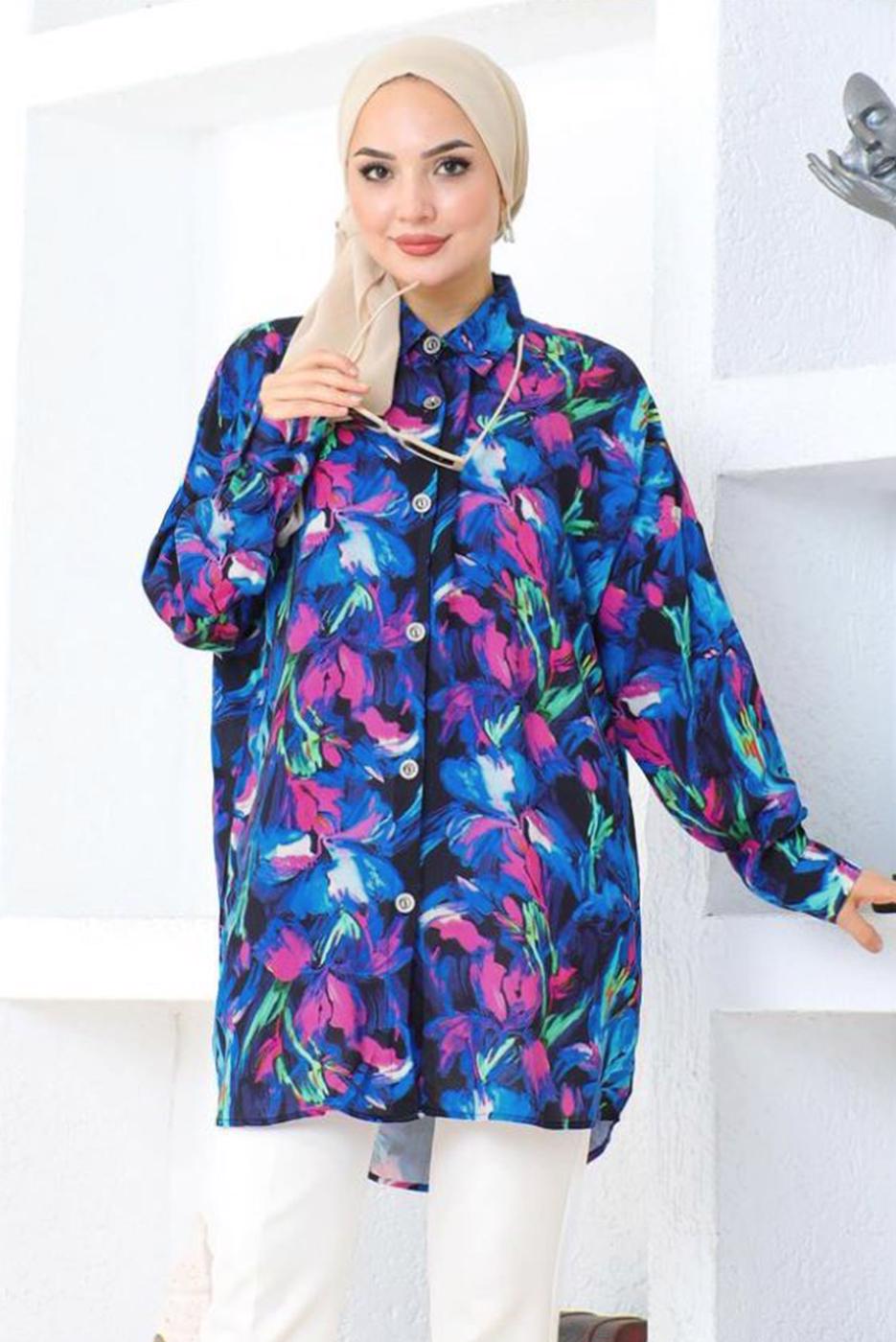 Tesettür giyim LACİVERT DESENLİ PAMUKLU TESETTÜR TUNİK T 5362