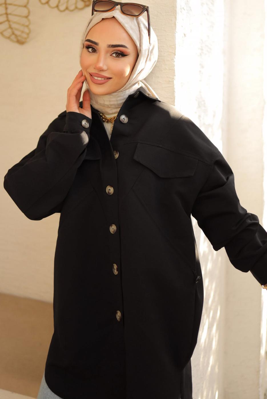 Tesettür giyim SİYAH GENİŞ KESİM GÖMLEK TUNİK T 55616