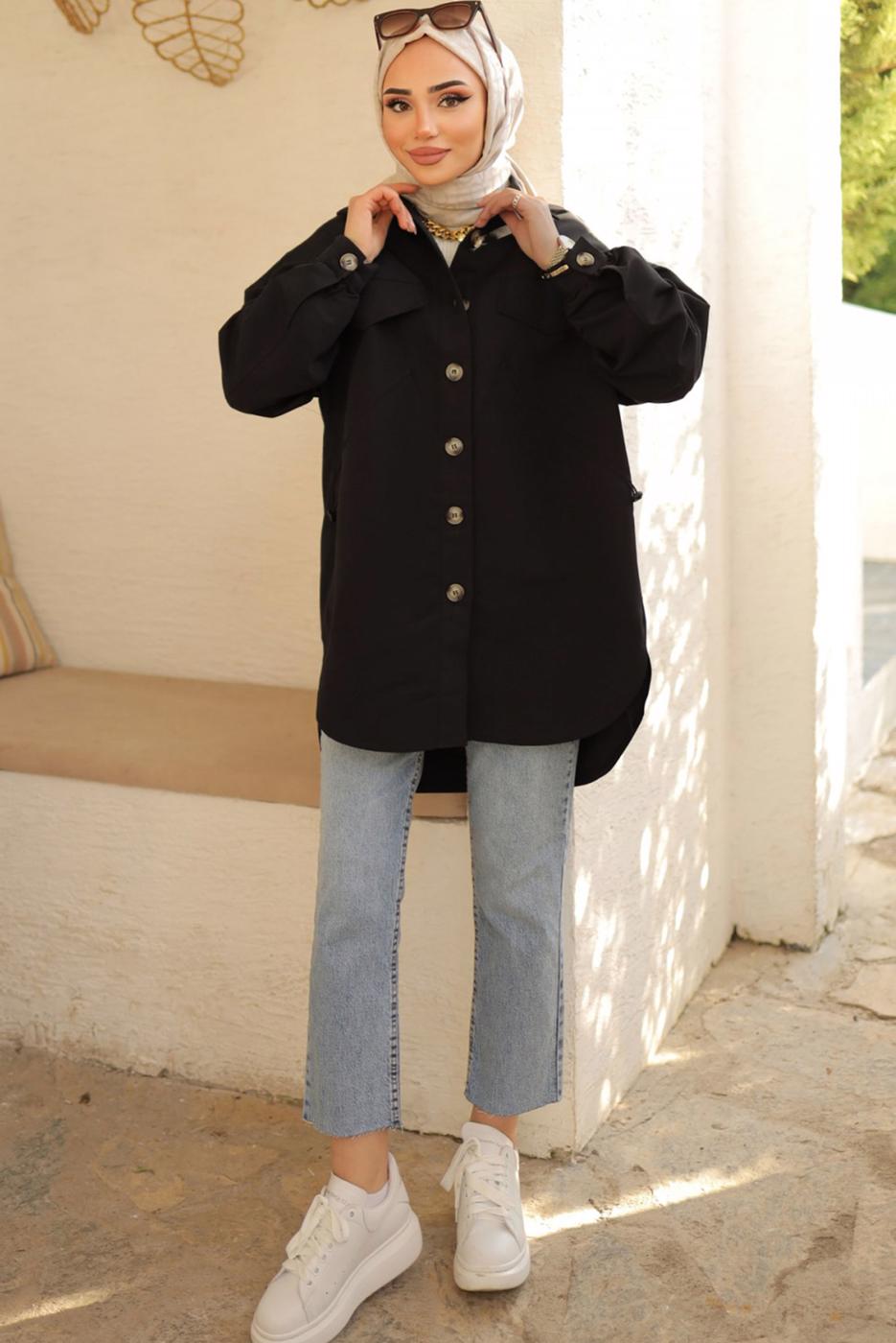 Tesettür giyim SİYAH GENİŞ KESİM GÖMLEK TUNİK T 55616