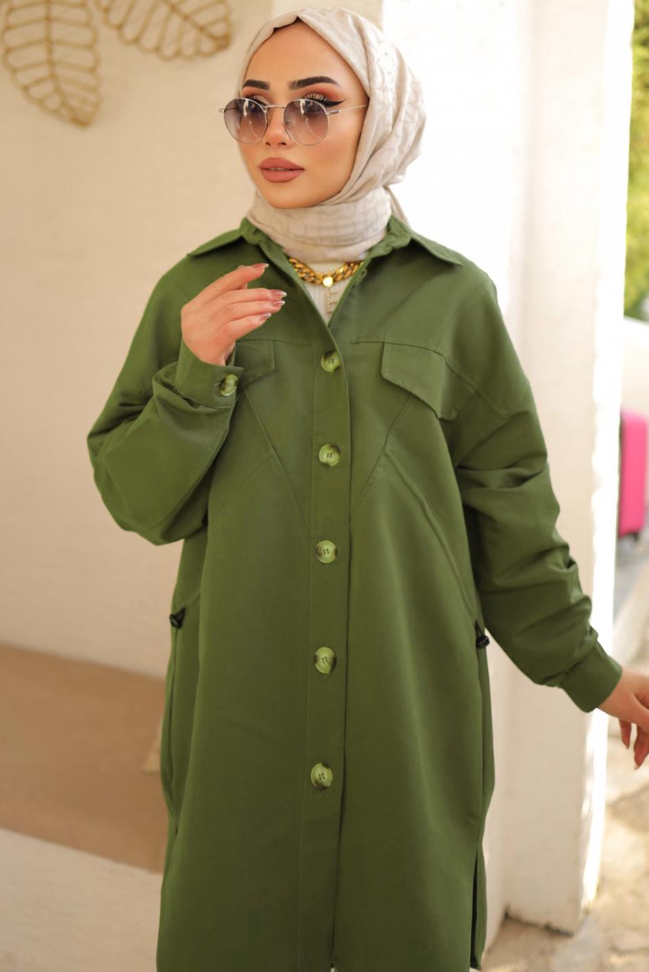 Tesettür giyim HAKİ GENİŞ KESİM GÖMLEK TUNİK T 55616