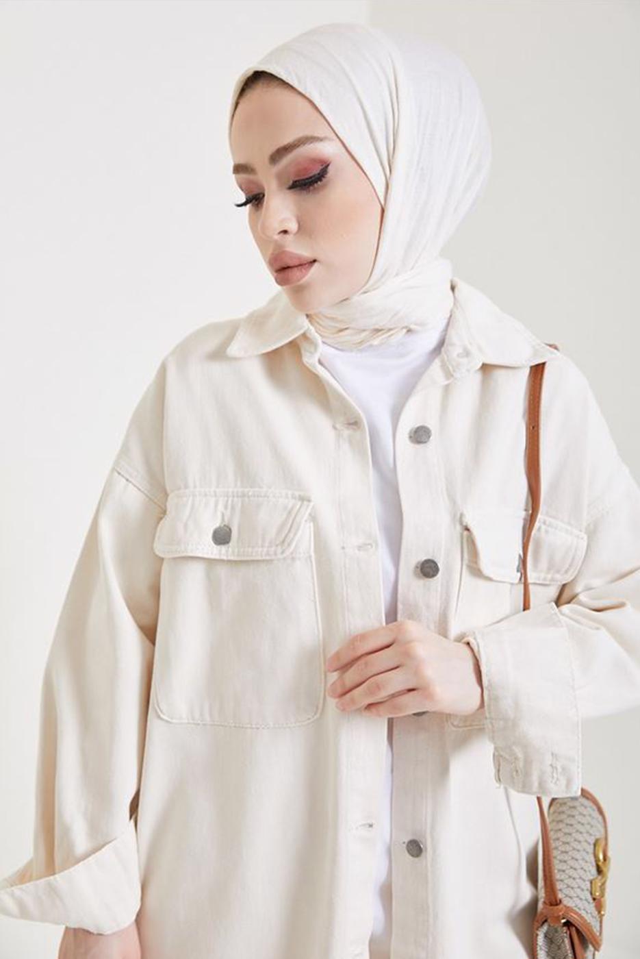 Tesettür giyim KREM CEPLİ KOT CEKET T 5716