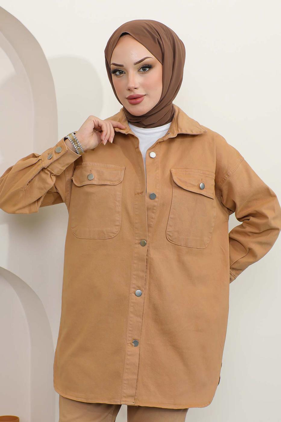 Tesettür giyim KAHVE CEPLİ KOT CEKET T 5716