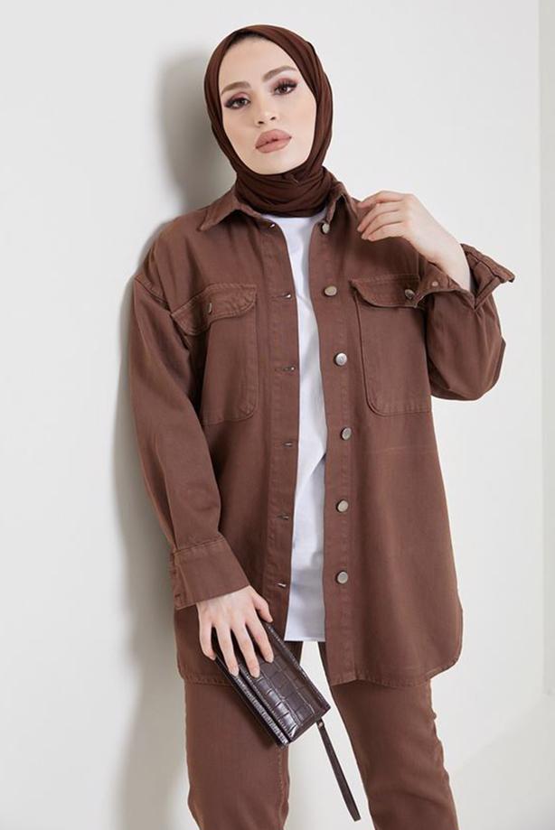 Tesettür giyim KAHVE CEPLİ KOT CEKET T 5716 - TRENDTESETTÜR