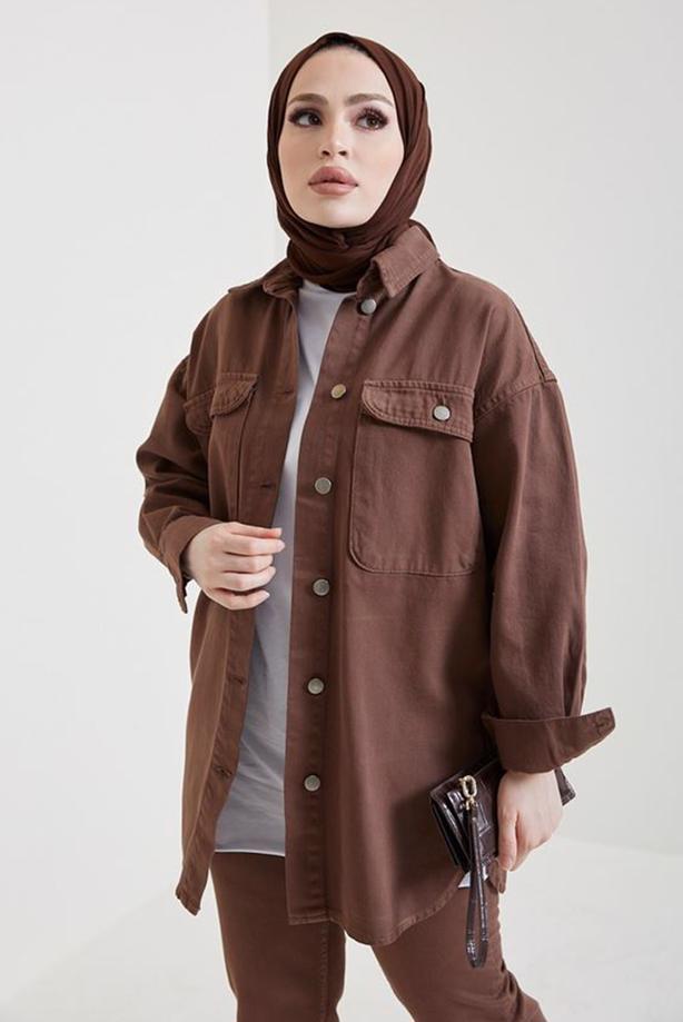 Tesettür giyim KAHVE CEPLİ KOT CEKET T 5716 - TRENDTESETTÜR