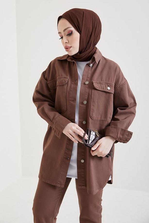 Tesettür giyim KAHVE CEPLİ KOT CEKET T 5716 - TRENDTESETTÜR