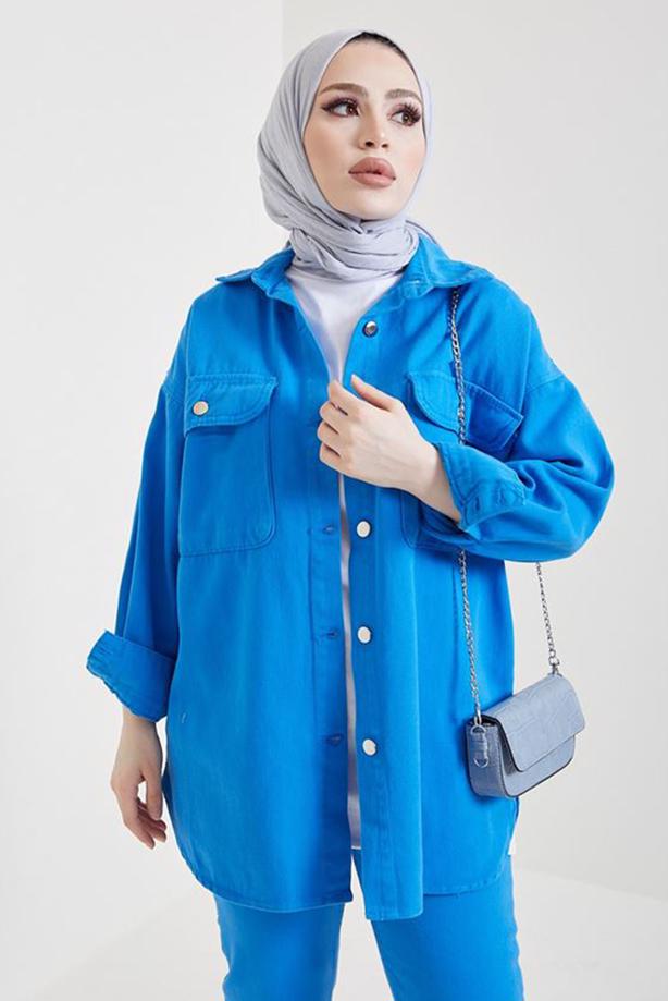 Tesettür giyim LACİVERT CEPLİ KOT CEKET T 5716 - TRENDTESETTÜR