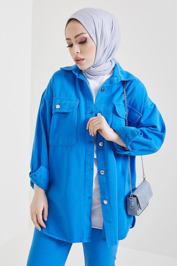 Tesettür giyim LACİVERT CEPLİ KOT CEKET T 5716 - TRENDTESETTÜR