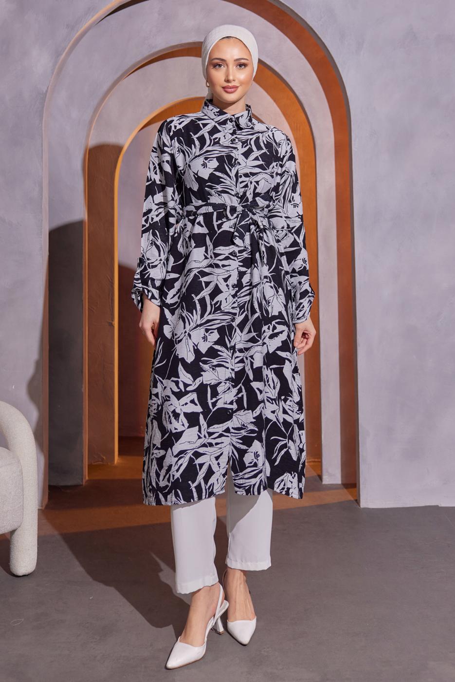 Tesettür giyim SİYAH DESENLİ BÜRÜMCÜK TUNİK T 5993