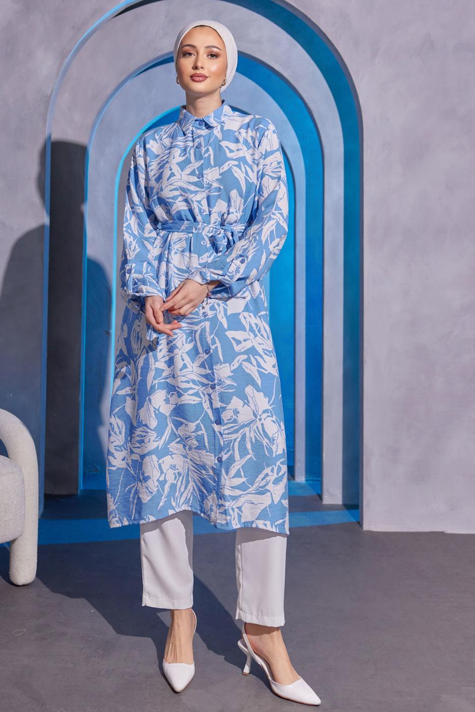 Tesettür giyim MAVİ DESENLİ BÜRÜMCÜK TUNİK T 5993