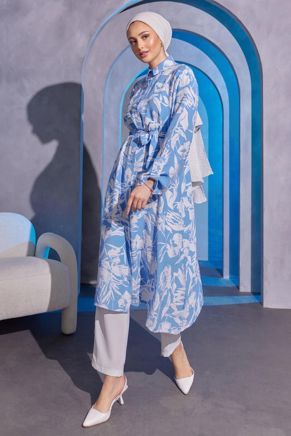 Tesettür giyim MAVİ DESENLİ BÜRÜMCÜK TUNİK T 5993