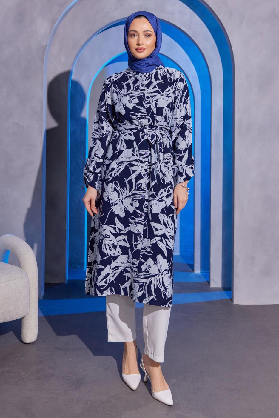 Tesettür giyim LACİVERT DESENLİ BÜRÜMCÜK TUNİK T 5993