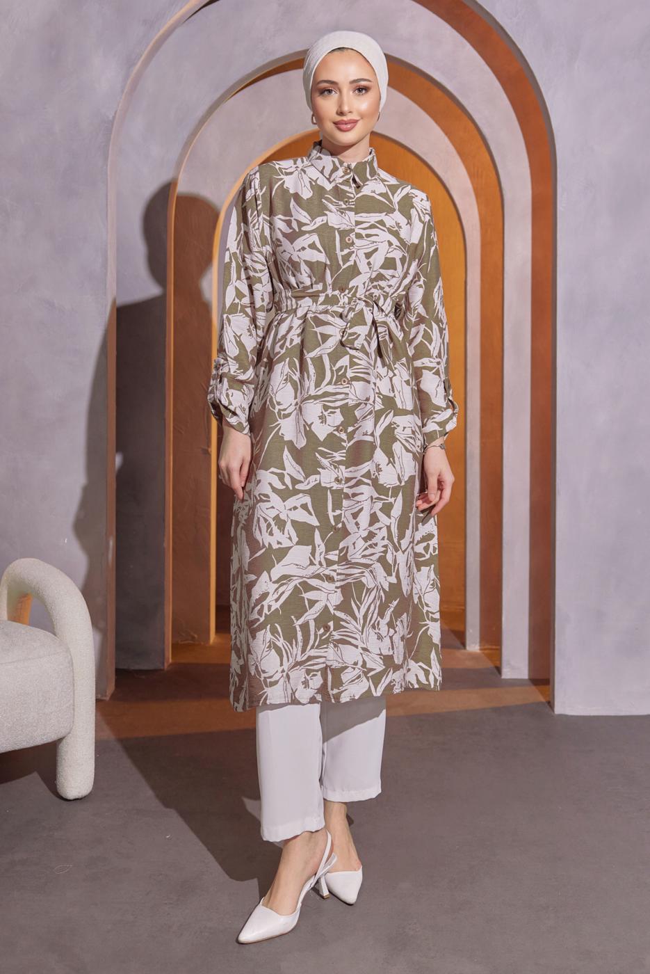 Tesettür giyim VİZON DESENLİ BÜRÜMCÜK TUNİK T 5993