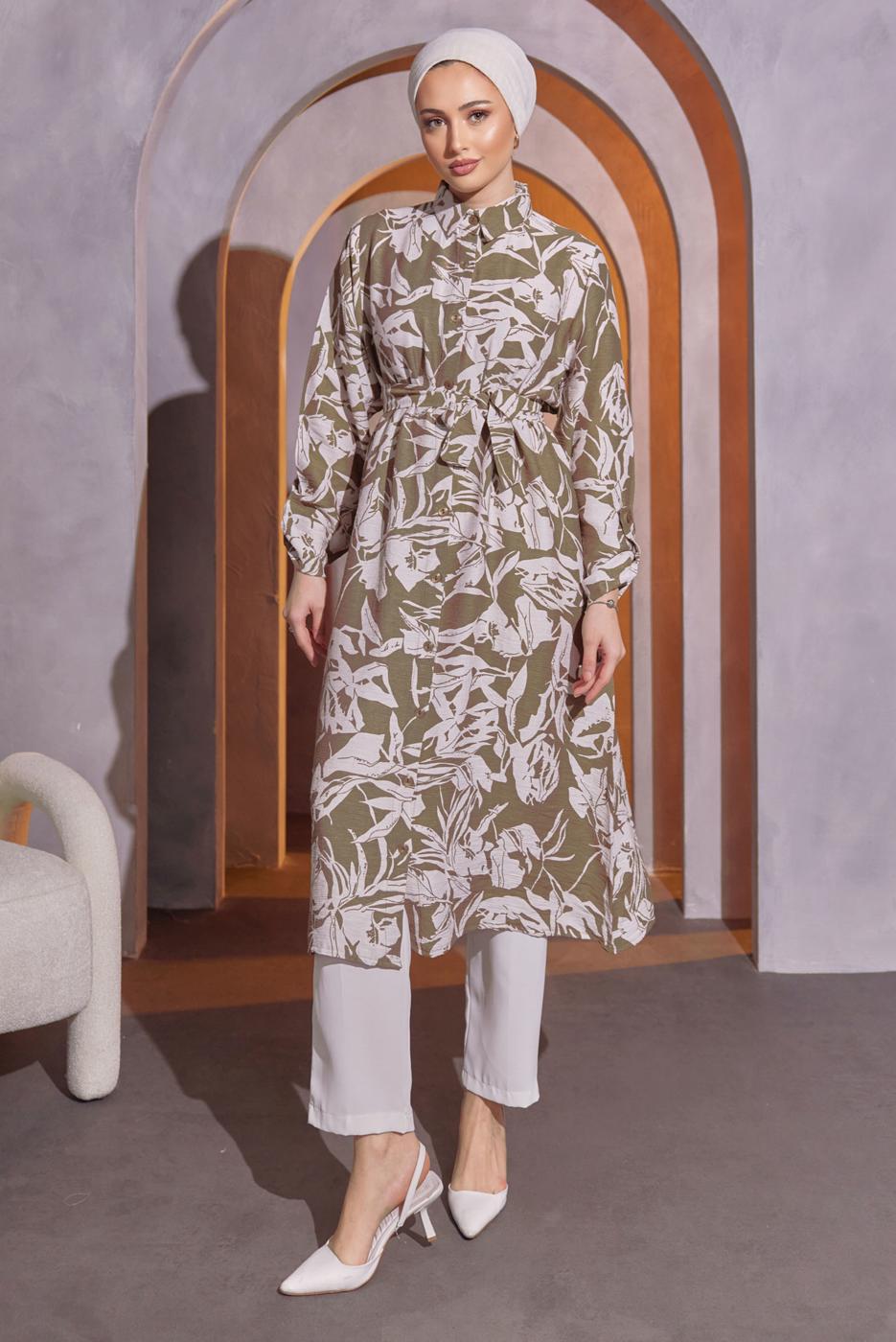 Tesettür giyim VİZON DESENLİ BÜRÜMCÜK TUNİK T 5993