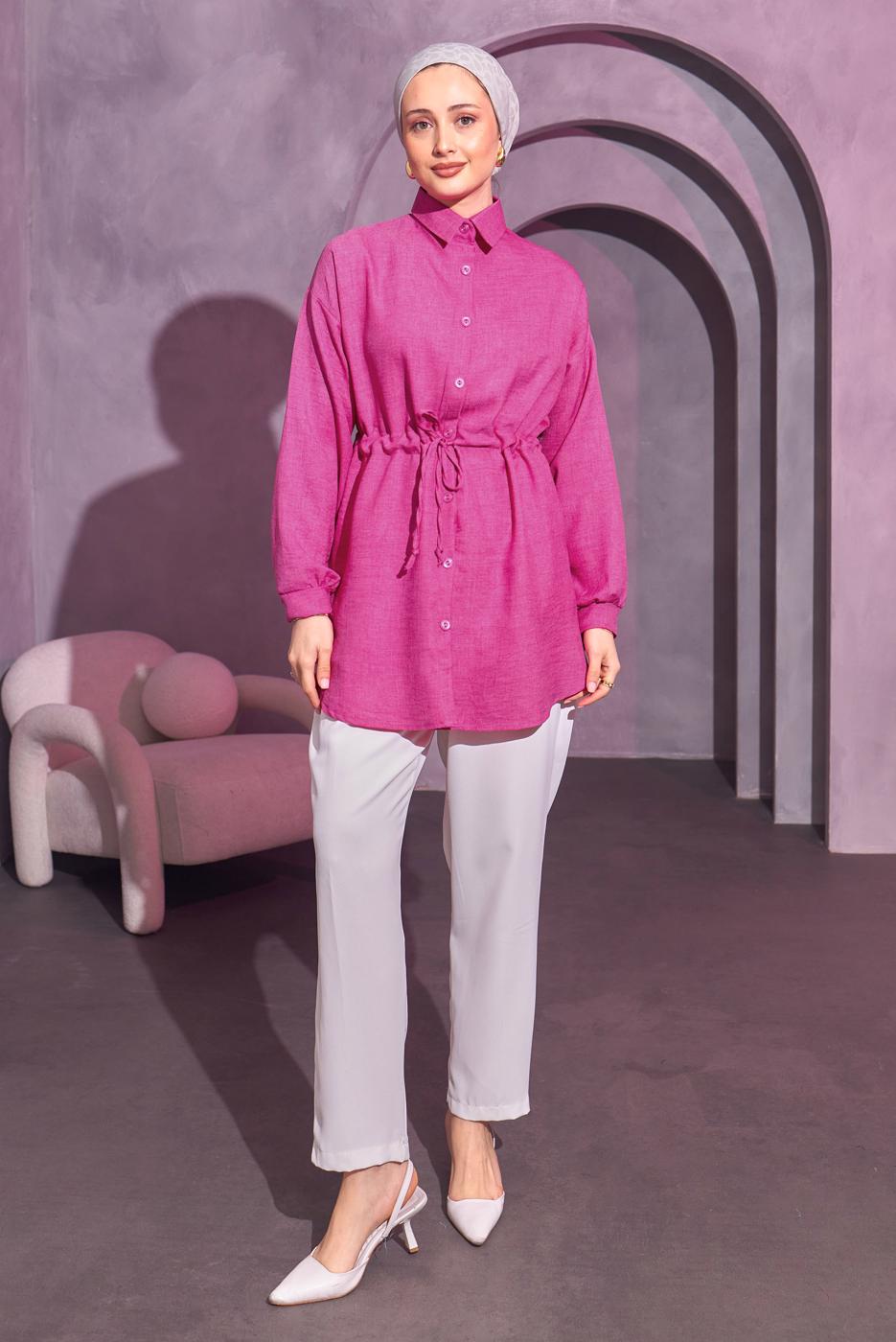 Tesettür giyim FUŞYA BELİ BAĞCIKLI TUNİK T 6214