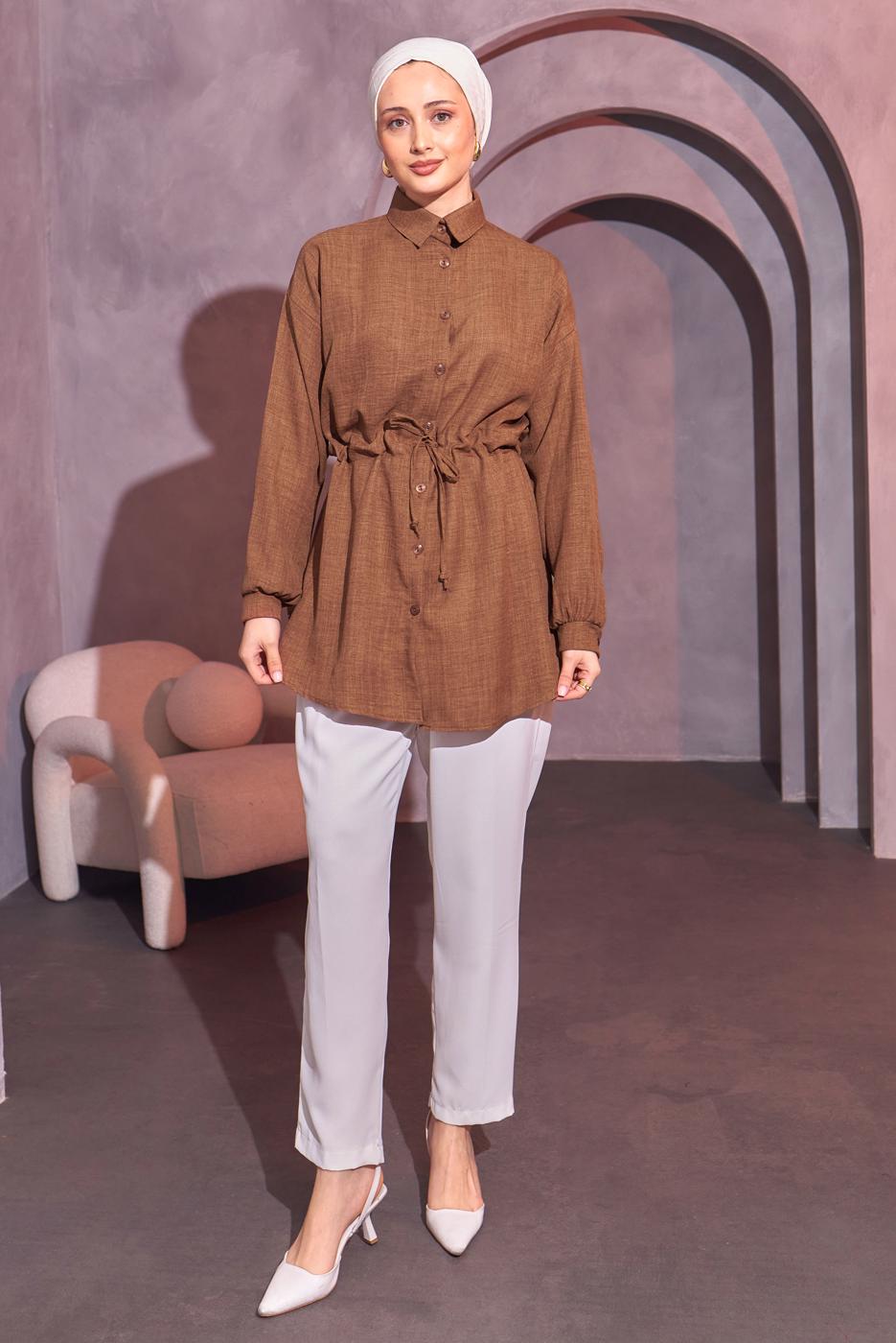 Vêtements hijab BRUN TUNIQUE À LA TAILLE NOUÉE T 6214