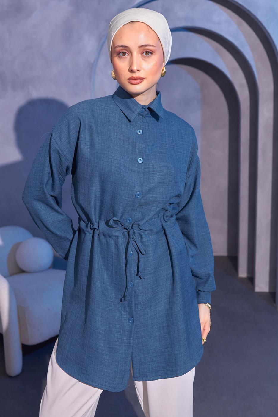 Tesettür giyim LACİVERT BELİ BAĞCIKLI TUNİK T 6214