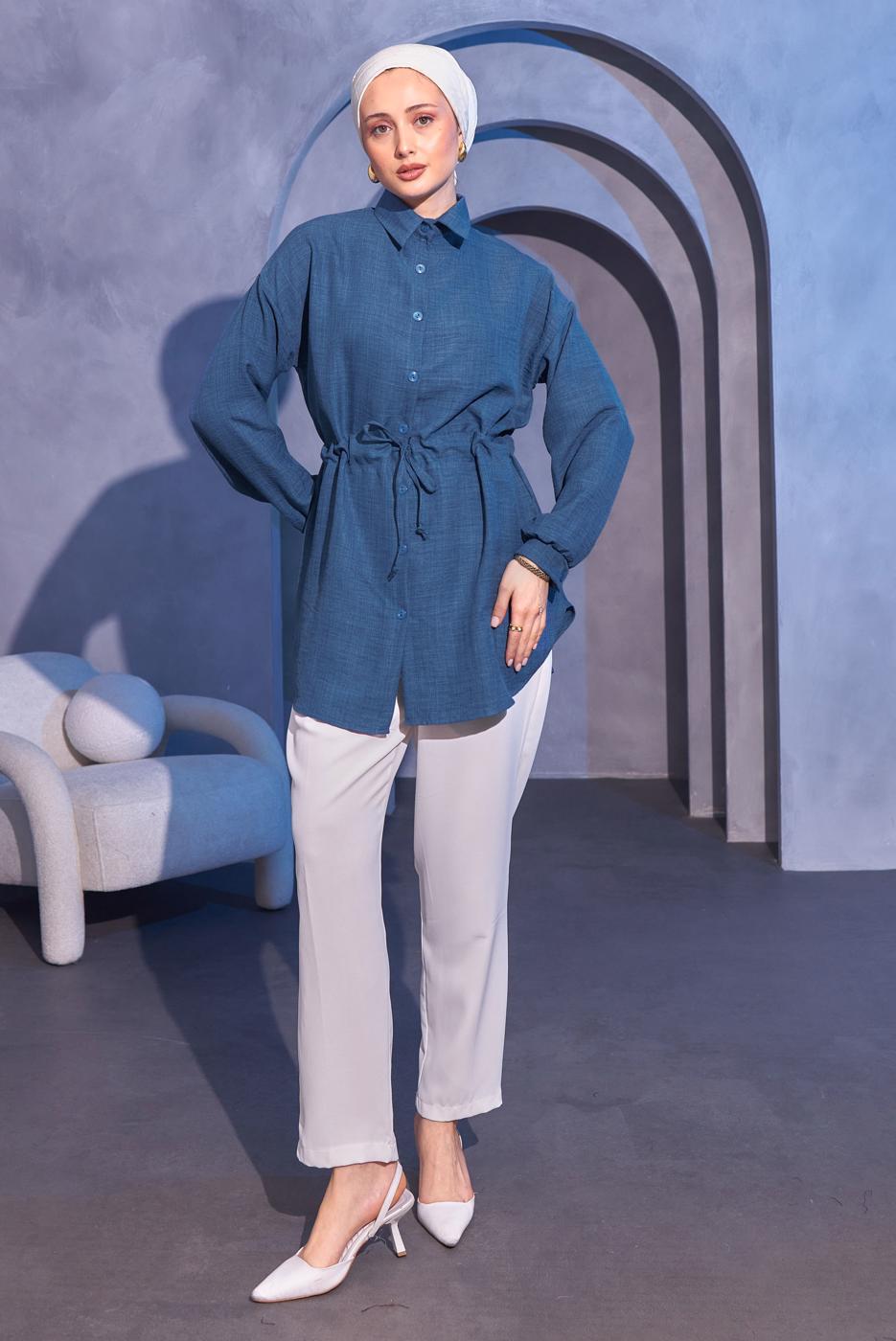 Tesettür giyim LACİVERT BELİ BAĞCIKLI TUNİK T 6214