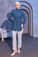 Tesettür giyim LACİVERT BELİ BAĞCIKLI TUNİK T 6214