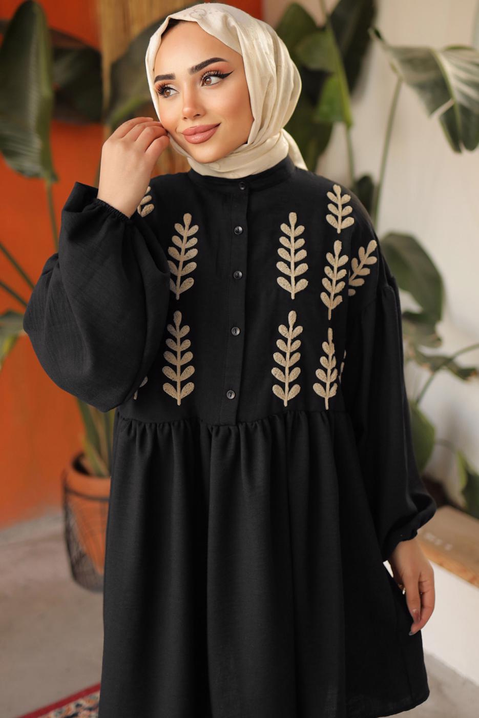 Tesettür giyim SİYAH YAPRAK DESENLİ GÖMLEK TUNİK T 6302
