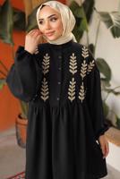 Tesettür giyim SİYAH YAPRAK DESENLİ GÖMLEK TUNİK T 6302