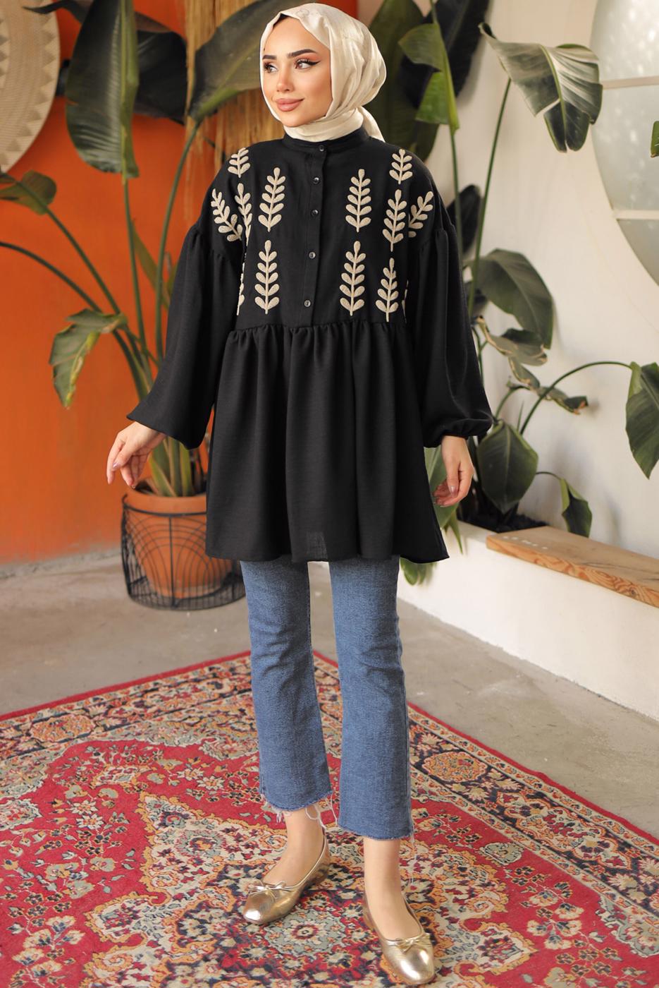 Tesettür giyim SİYAH YAPRAK DESENLİ GÖMLEK TUNİK T 6302