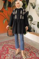 Tesettür giyim SİYAH YAPRAK DESENLİ GÖMLEK TUNİK T 6302