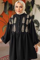 Tesettür giyim SİYAH YAPRAK DESENLİ GÖMLEK TUNİK T 6302