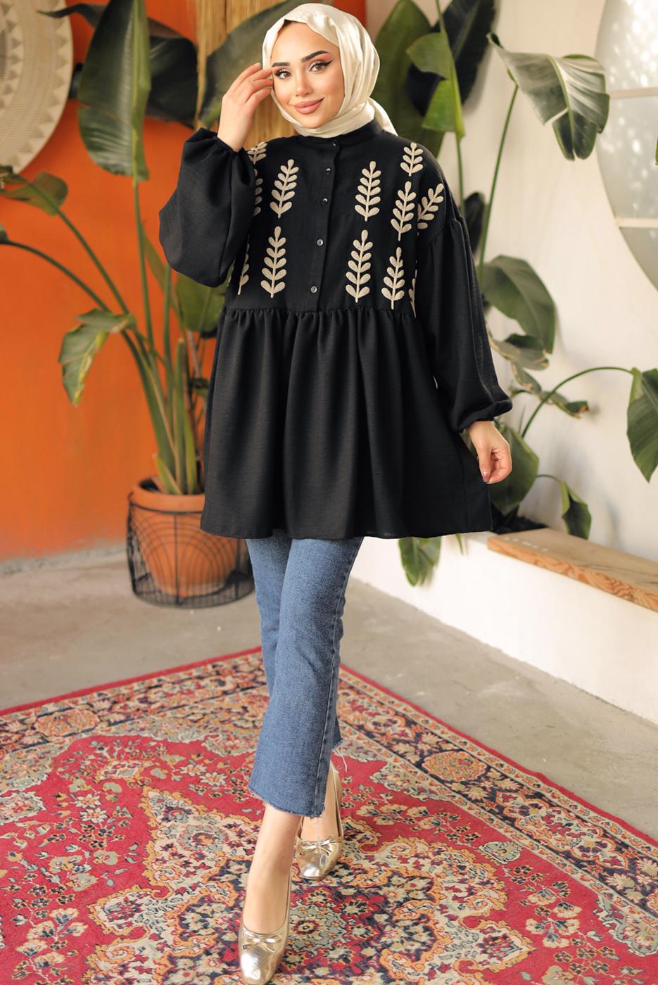 Tesettür giyim SİYAH YAPRAK DESENLİ GÖMLEK TUNİK T 6302