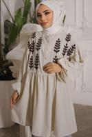 Tesettür giyim BEJ YAPRAK DESENLİ GÖMLEK TUNİK T 6302