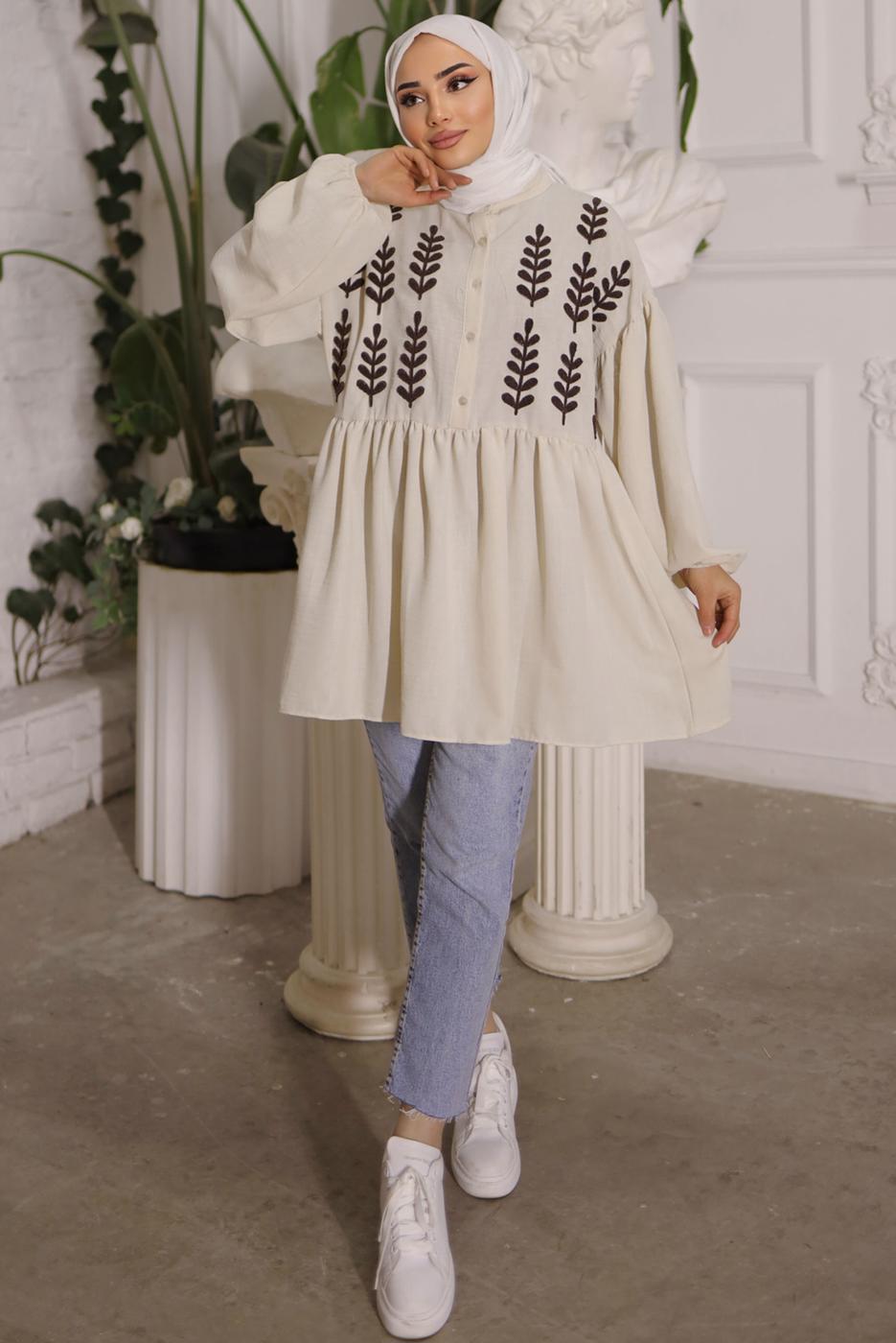 Tesettür giyim BEJ YAPRAK DESENLİ GÖMLEK TUNİK T 6302