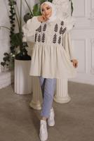Tesettür giyim BEJ YAPRAK DESENLİ GÖMLEK TUNİK T 6302