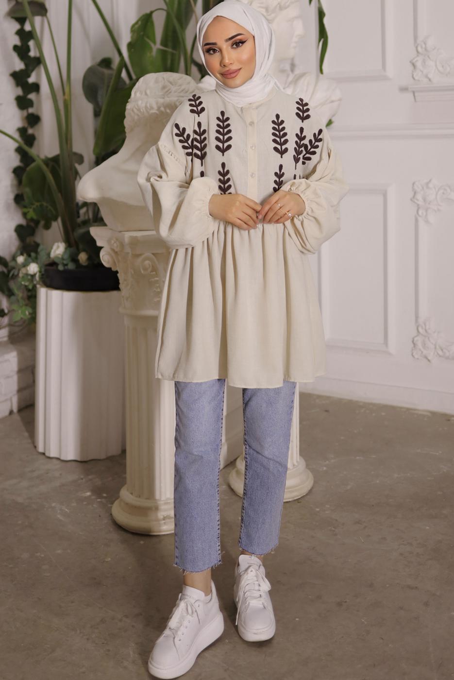 Tesettür giyim BEJ YAPRAK DESENLİ GÖMLEK TUNİK T 6302