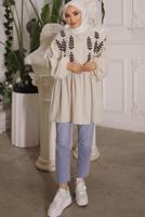 Tesettür giyim BEJ YAPRAK DESENLİ GÖMLEK TUNİK T 6302