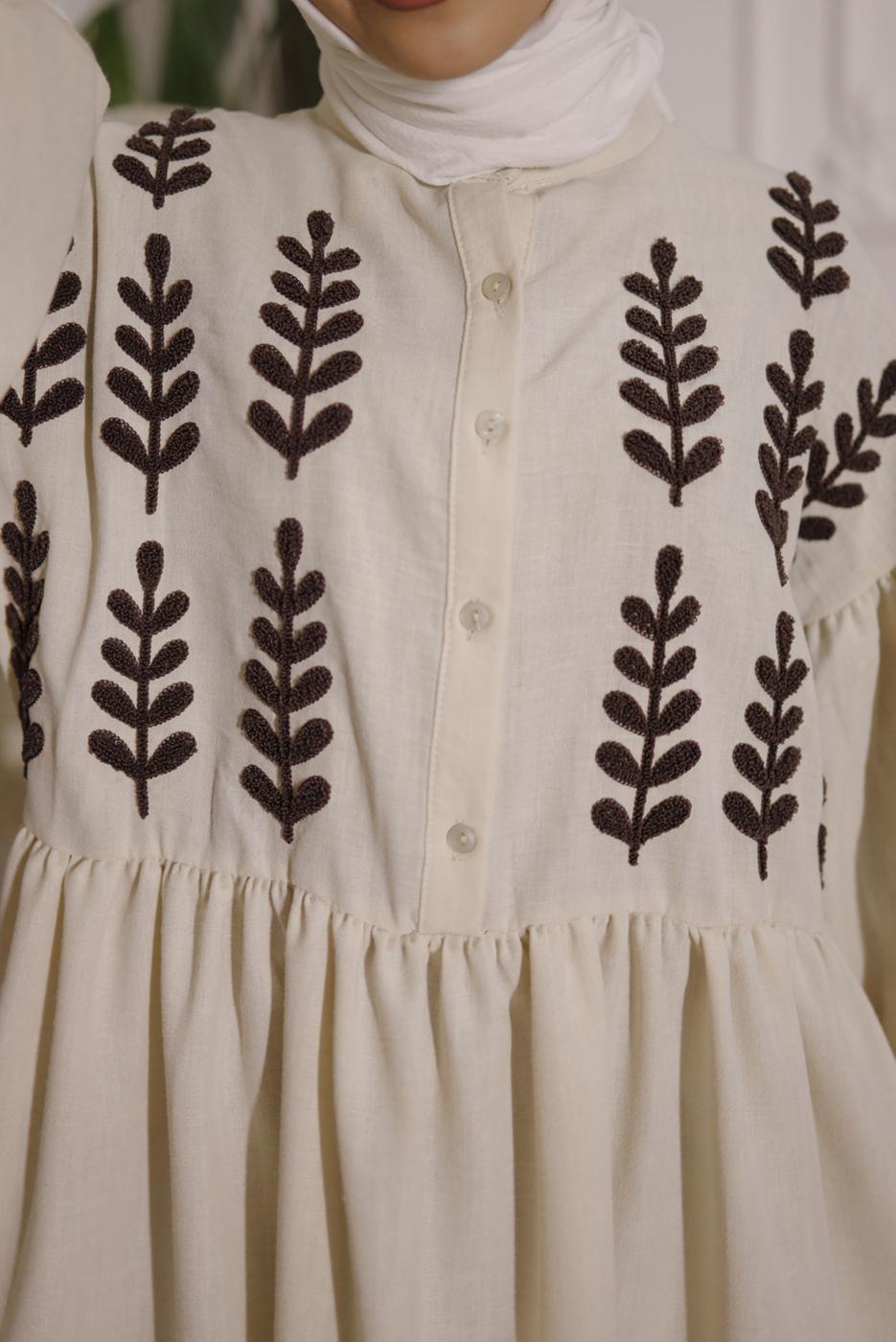 Tesettür giyim BEJ YAPRAK DESENLİ GÖMLEK TUNİK T 6302