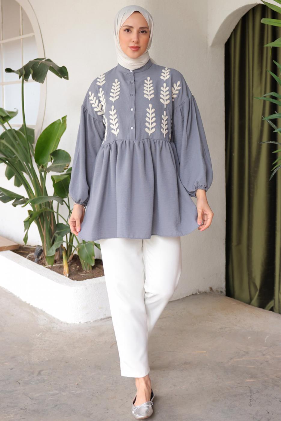 Tesettür giyim GRİ YAPRAK DESENLİ GÖMLEK TUNİK T 6302