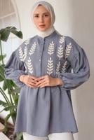Tesettür giyim GRİ YAPRAK DESENLİ GÖMLEK TUNİK T 6302
