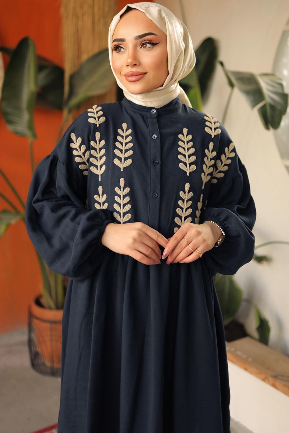 Tesettür giyim LACİVERT YAPRAK DESENLİ GÖMLEK TUNİK T 6302