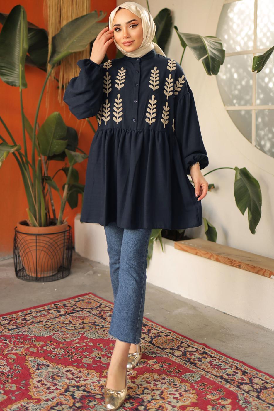 Tesettür giyim LACİVERT YAPRAK DESENLİ GÖMLEK TUNİK T 6302