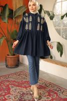 Tesettür giyim LACİVERT YAPRAK DESENLİ GÖMLEK TUNİK T 6302