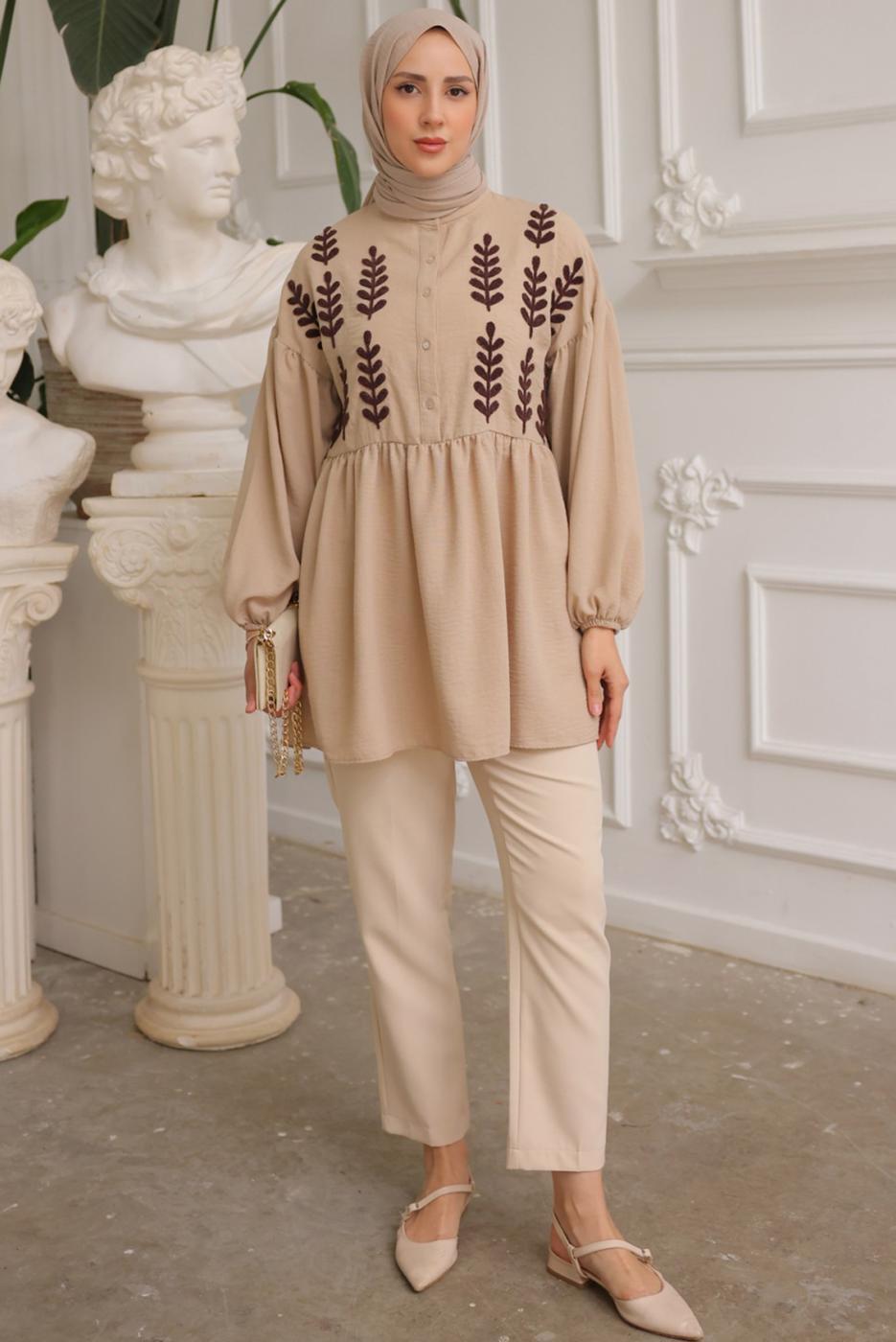 Tesettür giyim VİZON YAPRAK DESENLİ GÖMLEK TUNİK T 6302
