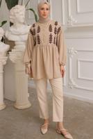 Tesettür giyim VİZON YAPRAK DESENLİ GÖMLEK TUNİK T 6302