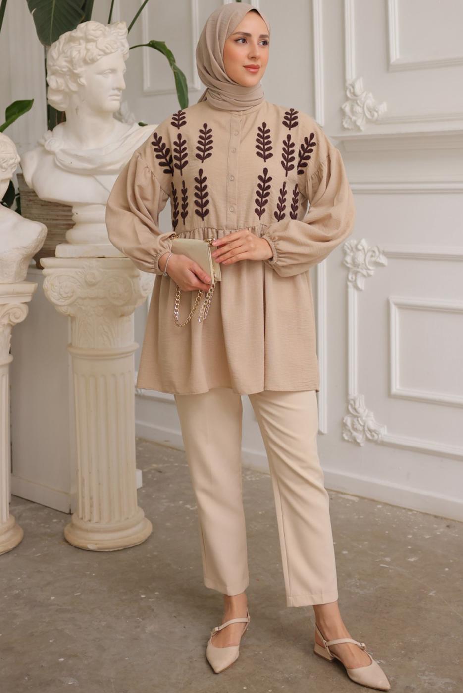 Tesettür giyim VİZON YAPRAK DESENLİ GÖMLEK TUNİK T 6302