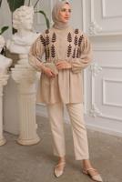 Tesettür giyim VİZON YAPRAK DESENLİ GÖMLEK TUNİK T 6302