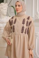 Tesettür giyim VİZON YAPRAK DESENLİ GÖMLEK TUNİK T 6302