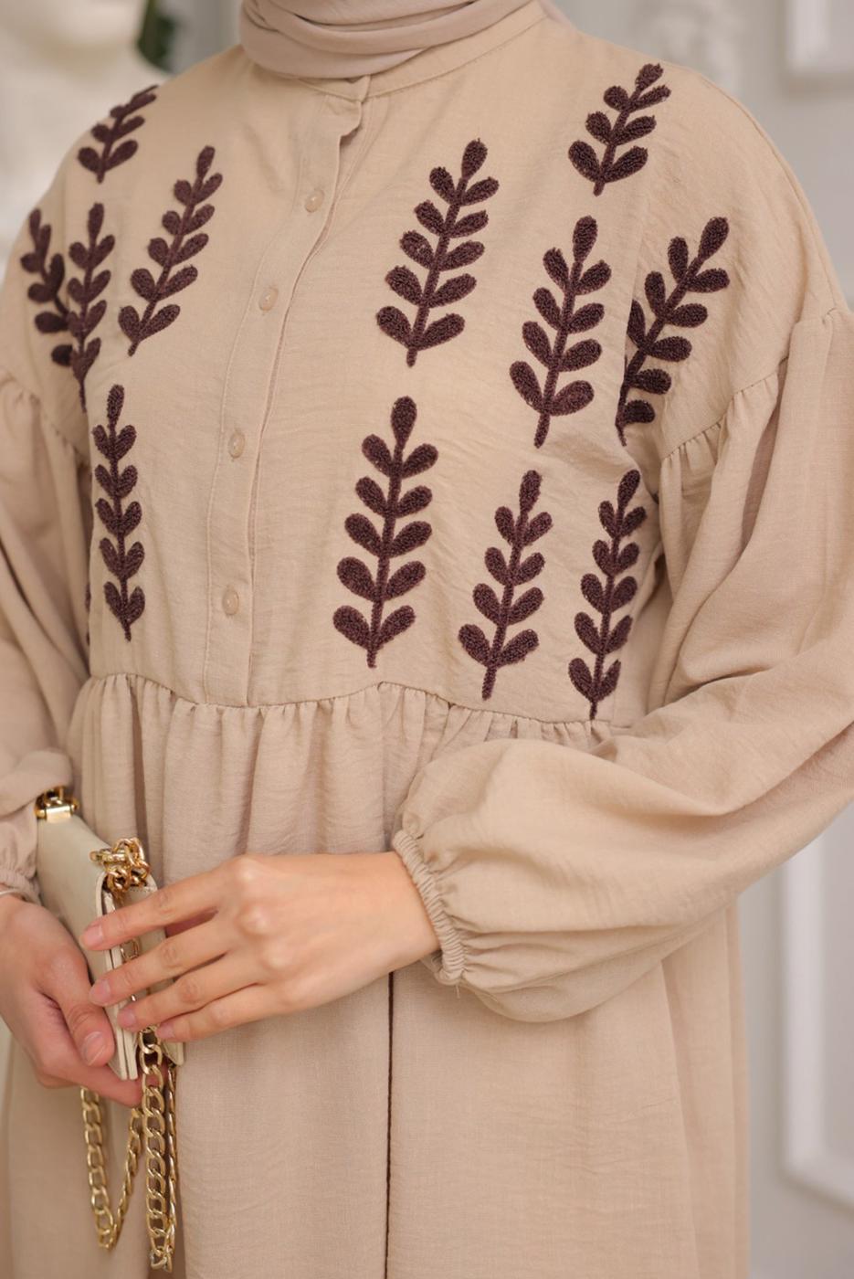 Tesettür giyim VİZON YAPRAK DESENLİ GÖMLEK TUNİK T 6302