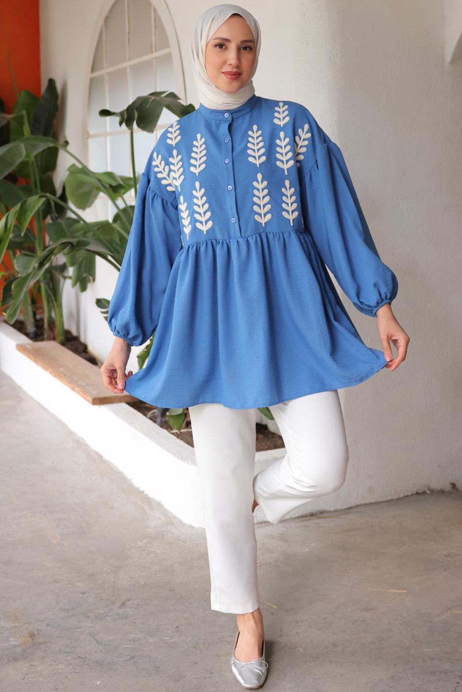 Tesettür giyim LACİVERT YAPRAK DESENLİ GÖMLEK TUNİK T 6302