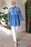 Tesettür giyim LACİVERT YAPRAK DESENLİ GÖMLEK TUNİK T 6302