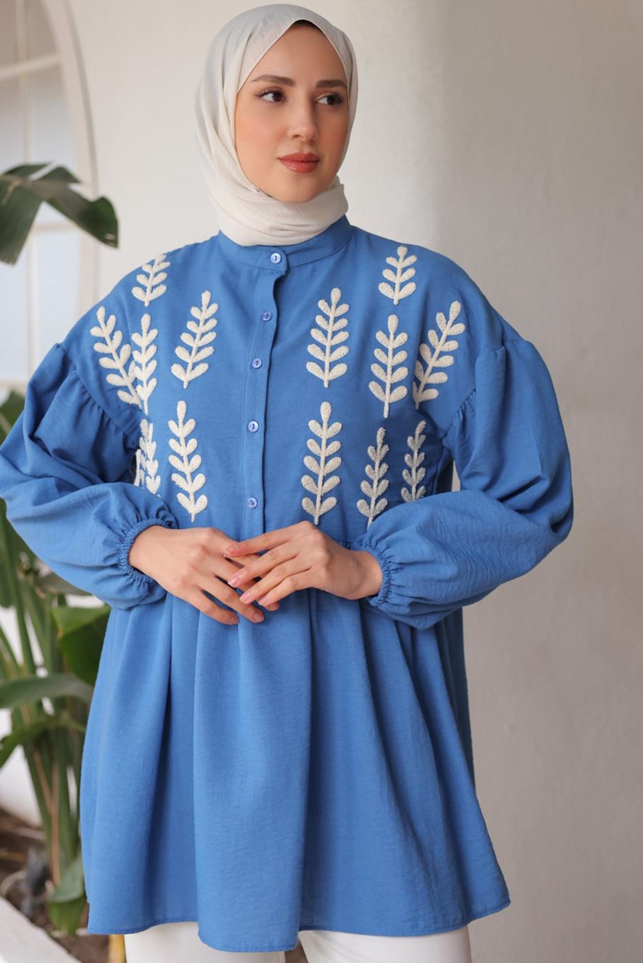 Tesettür giyim LACİVERT YAPRAK DESENLİ GÖMLEK TUNİK T 6302